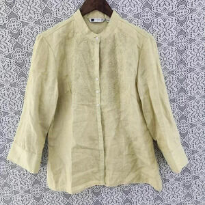 Carole Little 100% linen button up embroidered 3/4 sleeve shirt women's L